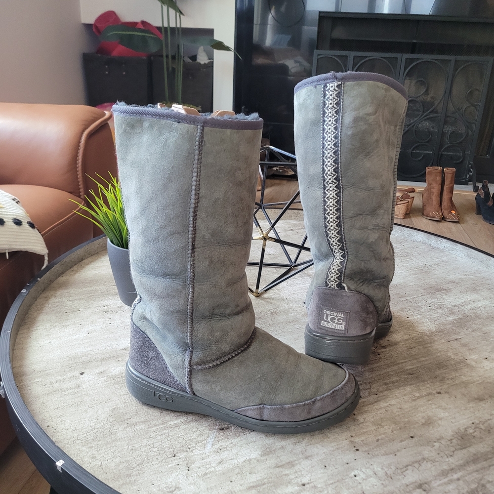 UGG Grey Suede Mid-Calf Shearling Boots with Back Braid